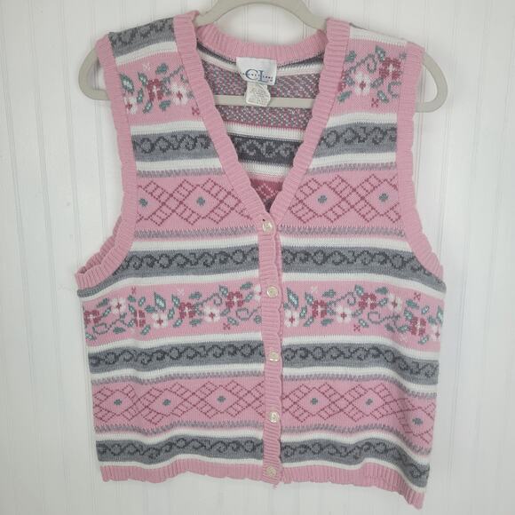 Cricket Lane Sweaters - VTG Pink Fair Isle Floral Button Sweater Vest Size Medium
